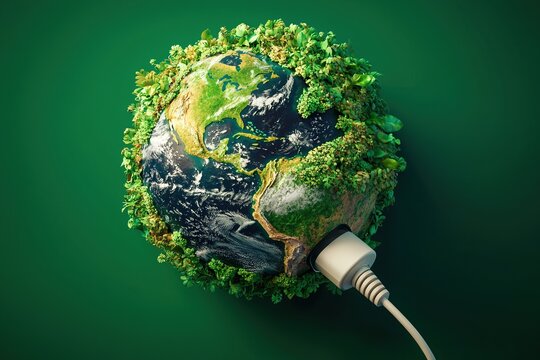 Planet eart plugged via cable. Sustainable energy concept. Generative Ai