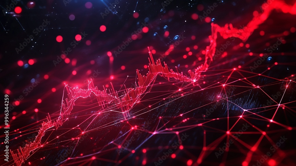 Poster abstract digital financial chart with red lines and glowing dots on dark background, representing ma