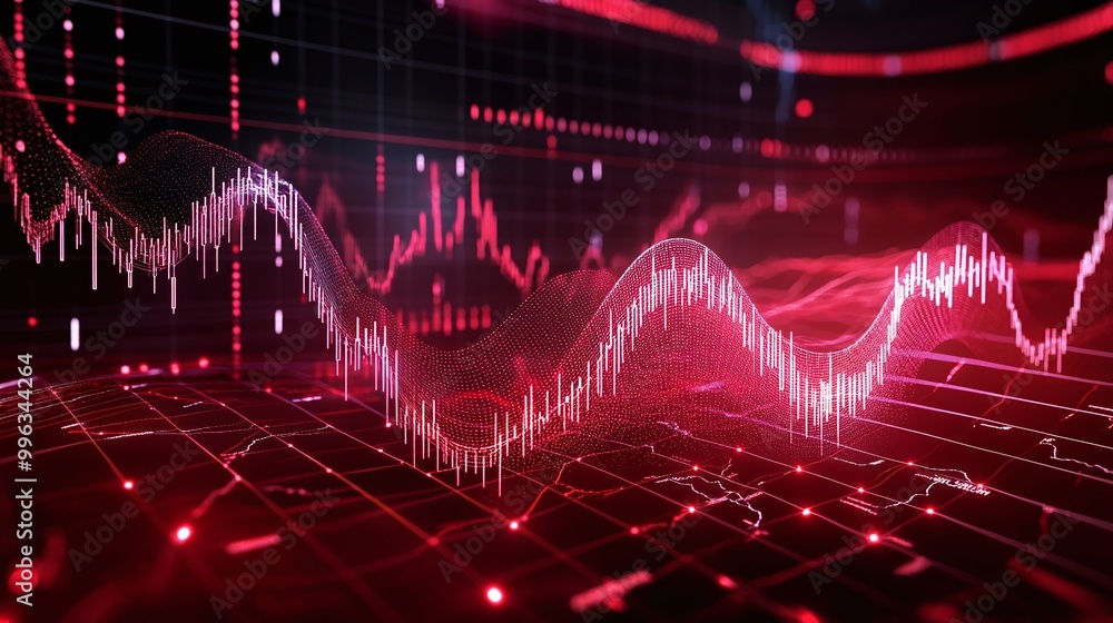 Poster abstract digital financial chart with red lines and glowing data points on dark background.