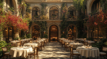 Naklejka premium Tables elegantly set for dinner are surrounded by lush greenery and vibrant flowers in a serene courtyard just before sunset