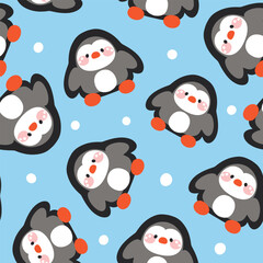 Cute hand drawn blue penguins with snow, kids seamless pattern winter background