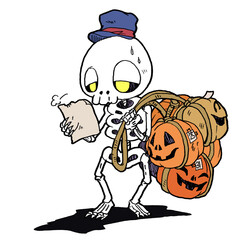 たくさんのカボチャを運ぶガイコツの配達員のフルカラーイラスト