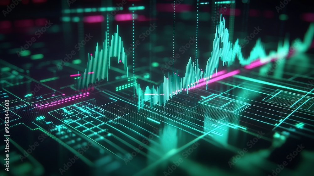 Poster abstract digital financial chart with vibrant colors and graph lines on a dark background.