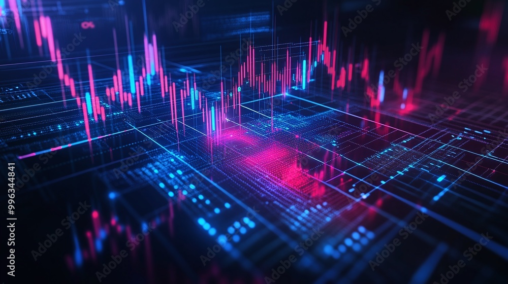 Poster abstract digital financial chart with vibrant colors, showcasing data trends and statistical analysi