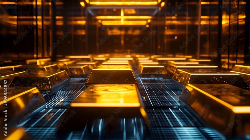 Poster secure futuristic vault with shiny gold bars under laser security grid