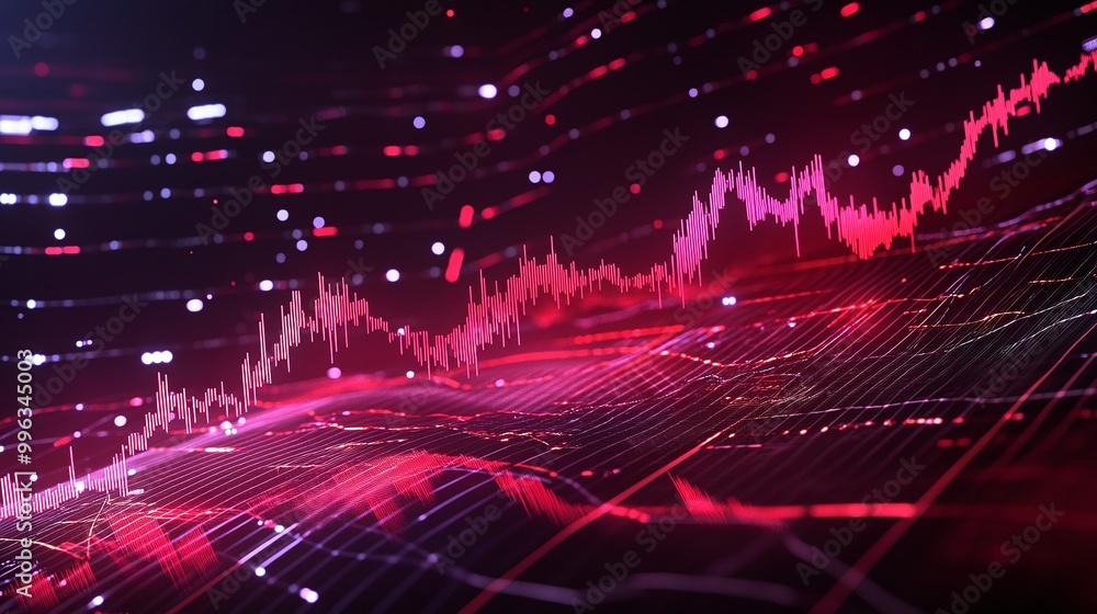 Poster abstract digital financial chart with vibrant red and purple colors representing growth and data vis