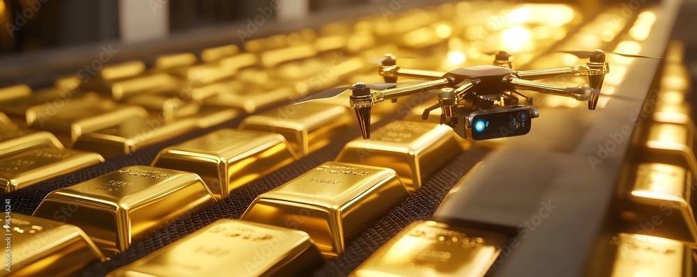 Poster secure gold bars protected by advanced biometric and drone surveillance in a high tech vault