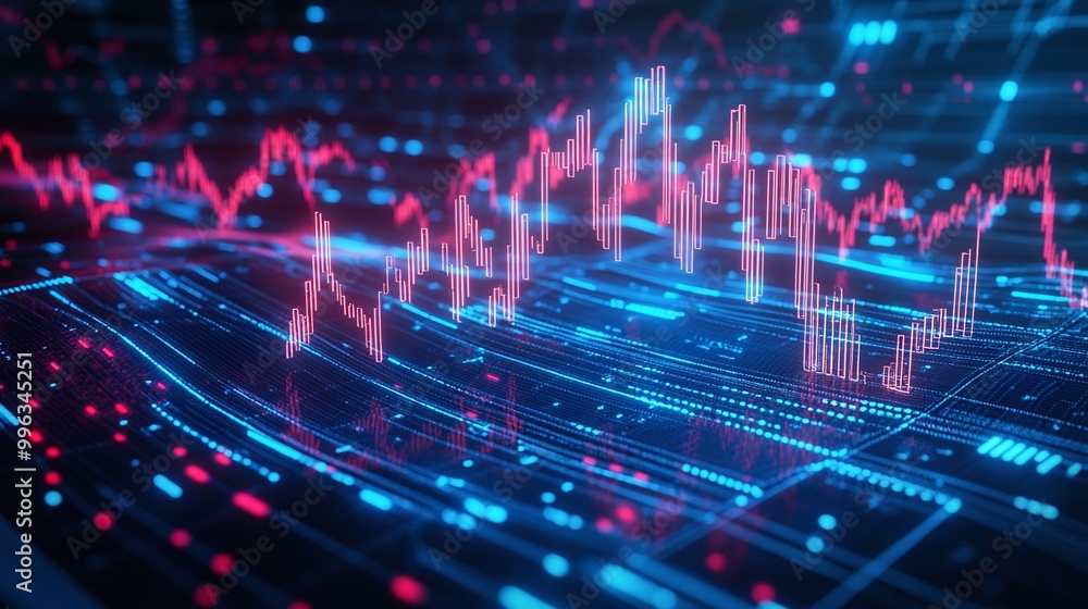 Poster abstract digital financial data analysis with colorful graphs and charts on a futuristic interface.