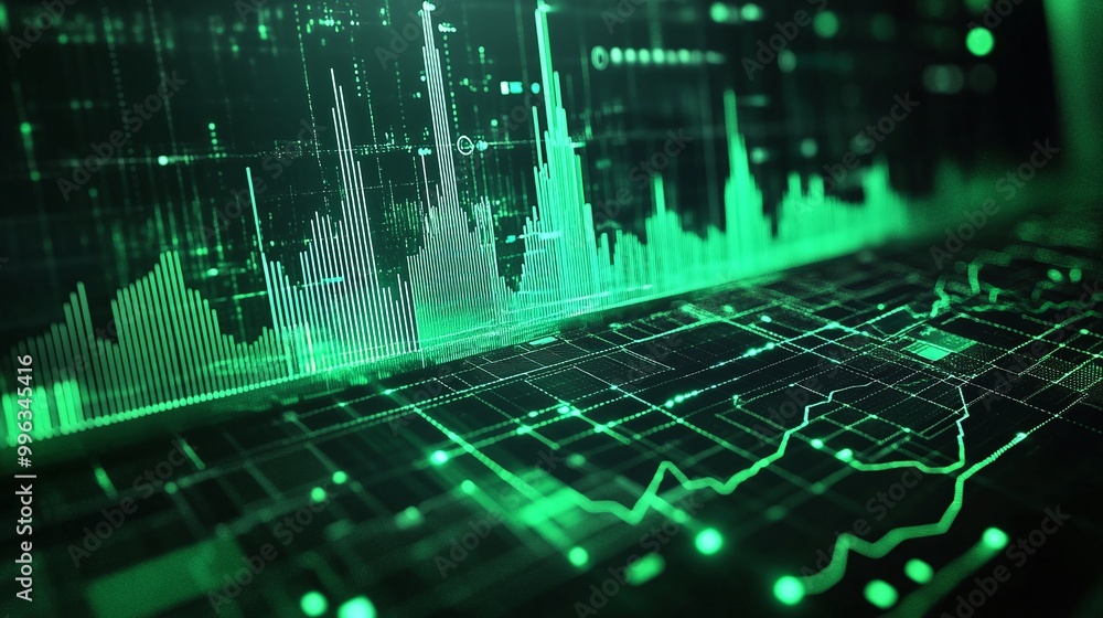 Poster abstract digital financial data display with green waveforms on a dark background.
