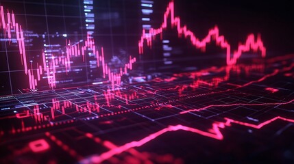 Abstract digital financial data visualization in red, depicting stock market trends background.