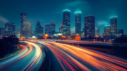 Fototapeta premium Long exposure photo of vehicle lights on roads at evening in city area. 