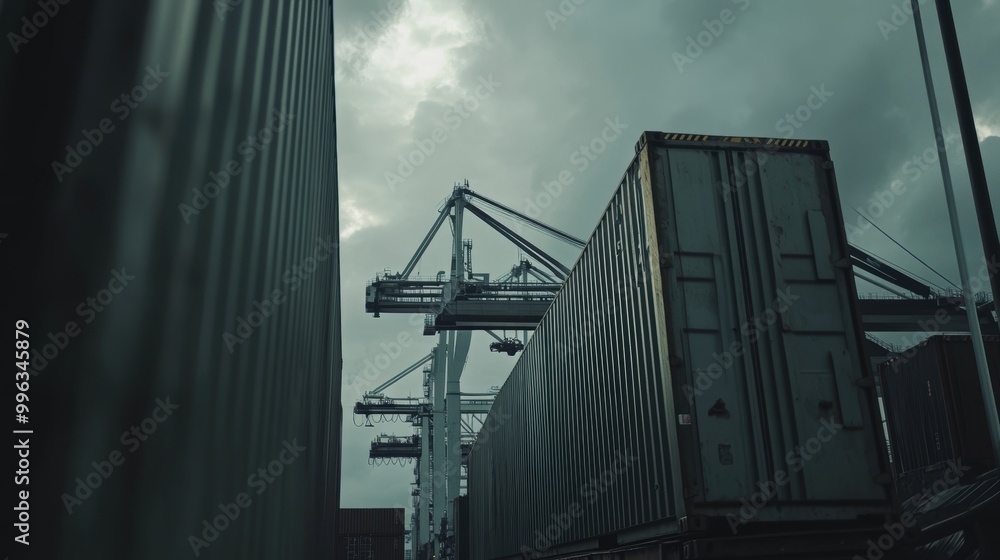 Poster container terminal with cranes loading cargo in port