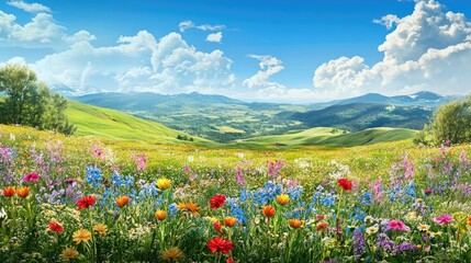 Obraz premium Beautiful and colorful landscape of wild nature, featuring vibrant flowers, lush greenery, and rolling hills under a bright blue sky