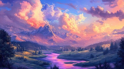 Beautiful and colorful wild nature landscape with flowing rivers, vibrant trees, and distant mountains under a radiant sky
