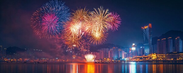 Fototapeta premium A festive celebration at the Macau International Fireworks Display Contest, with colorful fireworks lighting up the night sky over the city