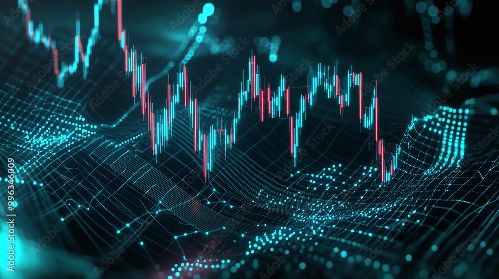 Poster abstract digital financial data visualization represented in a modern graphic style.