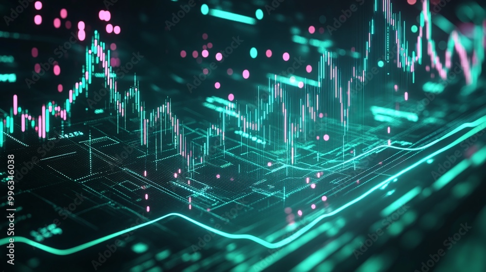 Poster abstract digital financial data visualization with charts and graphs on a glowing background.