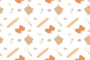 Seamless pattern with kitchen utensils. Baking tools, rolling pin, whisk, potholders, towel. Kitchenware background. Flat, vector pattern.