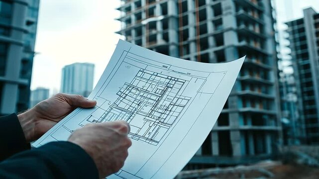The blueprint, slightly creased in a hand, with the stark, industrial lines of an unfinished building in the background, represents the intersection of planning