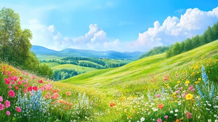 Beautiful colorful landscape of wild nature, featuring blooming flowers, rolling green hills, and a clear blue sky