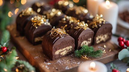 Mini Yule log cakes arranged on a wooden serving board