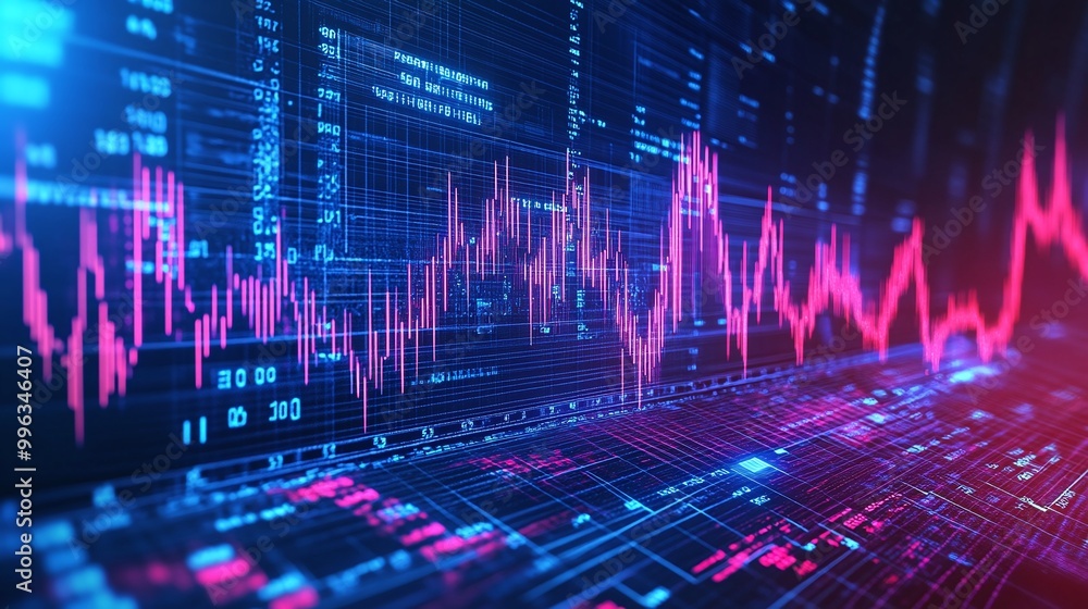 Poster abstract digital financial data visualization with glowing graphs and charts on a dark background.
