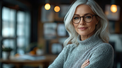 A woman with gray hair and glasses stands confidently in a cozy café, illuminated by warm light while engaging with her surroundings
