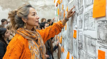 A woman in vibrant orange examines sketches on a wall while attendees participate in a collaborative art workshop in a creative environment