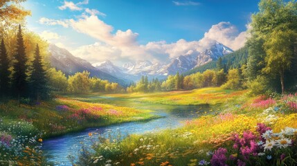 Beautiful landscape of wild nature, featuring vibrant fields of flowers, clear rivers, and towering trees in a colorful and serene setting
