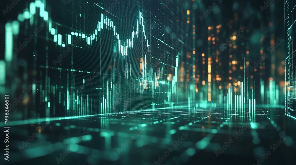 Poster abstract digital financial data visualization with glowing green lines and charts on a dark backgrou