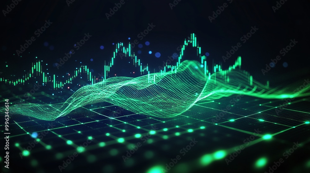 Poster abstract digital financial data visualization with glowing green lines and graphs on a dark backgrou