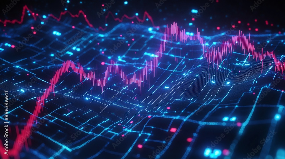 Poster abstract digital financial data visualization with glowing lines and graphs on a dark background.