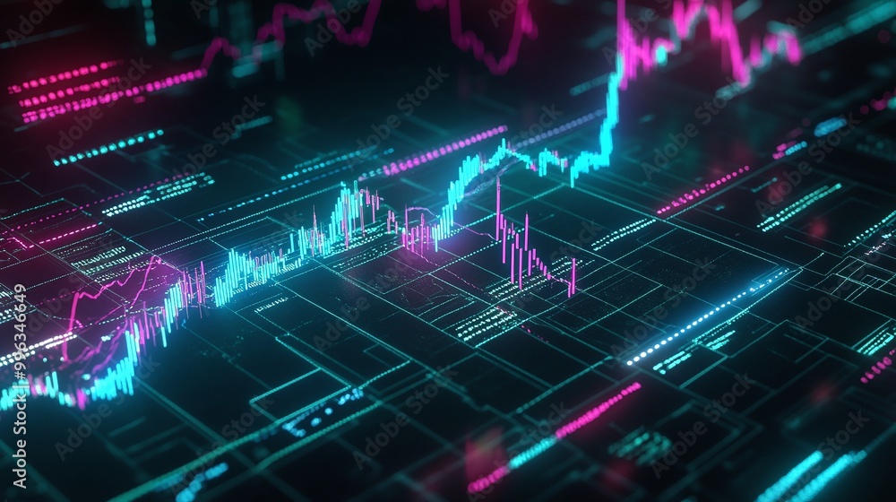 Poster abstract digital financial data visualization with glowing lines and graphs on dark background.