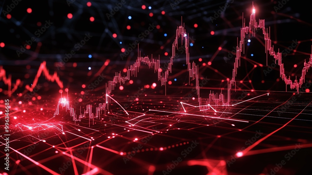 Poster abstract digital financial data visualization with glowing red graphs and charts on a dark backgroun
