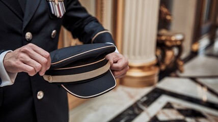Fototapeta premium Formal Navy Officer Adjusting Cap. Close-up of a man in a navy uniform meticulously adjusting a formal cap.