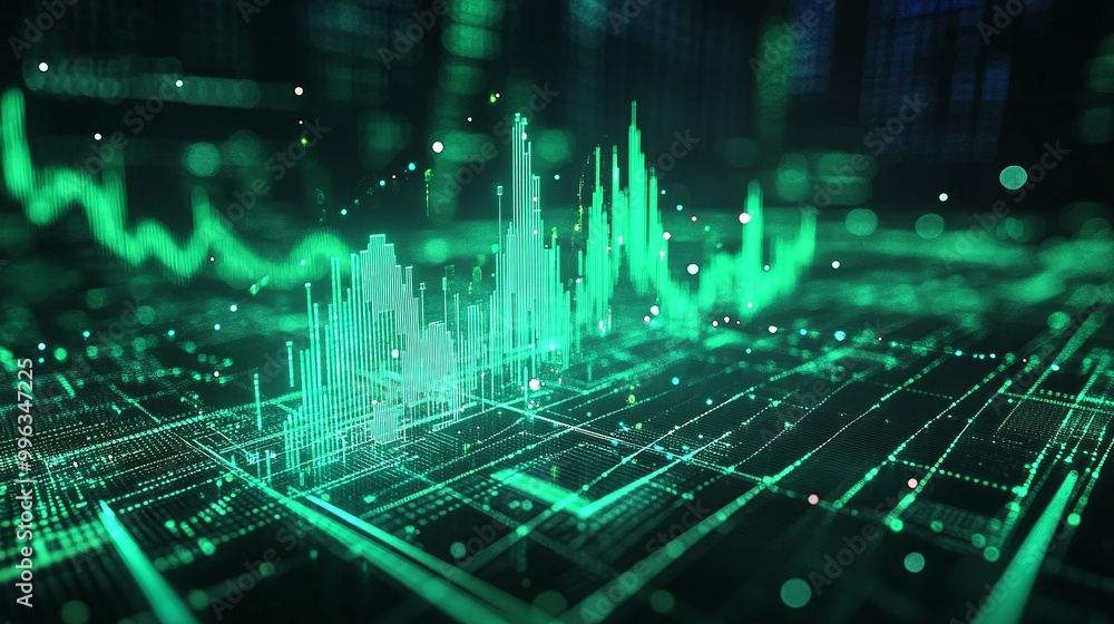 Poster abstract digital financial data visualization with green graphs on a dark background.