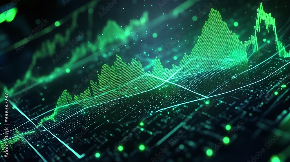Aufkleber abstract digital financial data visualization with green indicators on a dark background.