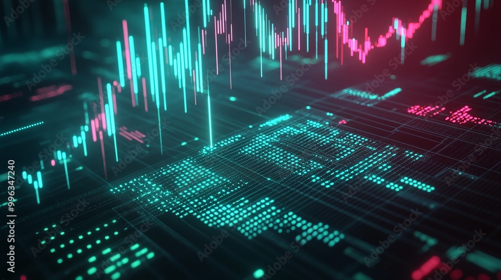 Poster abstract digital financial data visualization with neon colors and graph patterns, representing mark