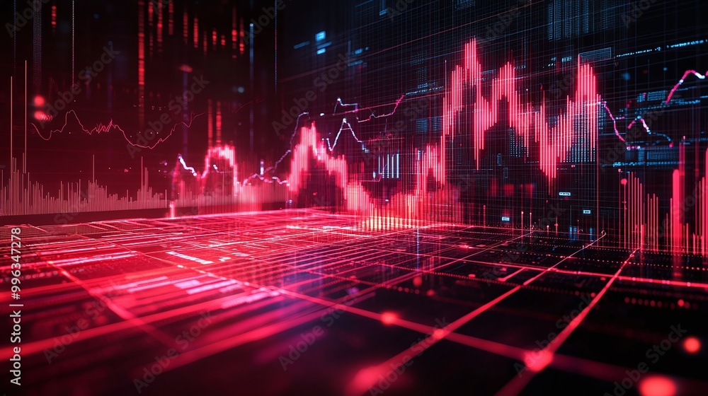 Poster abstract digital financial data visualization with red graphs and charts on a glowing grid backgroun
