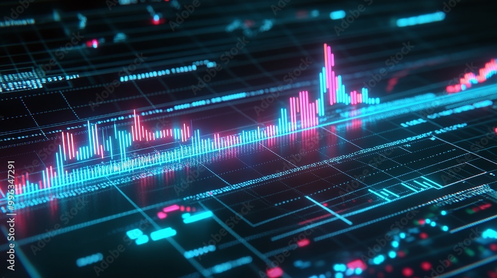 Poster abstract digital financial data visualization with vibrant graphs and charts on a dark background.