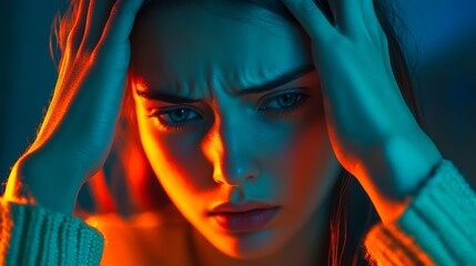 Distressed Woman Holding Head with Eyes Closed in Dark Room with Orange and Blue Lighting