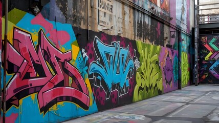 Urban Symphony. Expressive Graffiti Explosion on a Gritty City Alleyway Canvas of Colors and Street Art Culture.