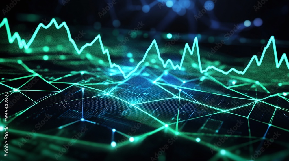 Poster abstract digital financial data with green graphs and networks, representing modern data analysis.