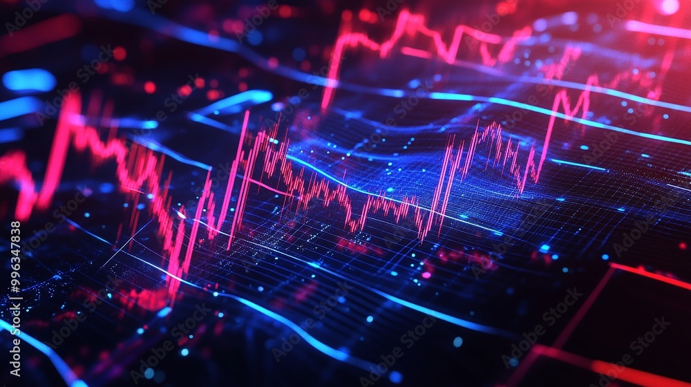 Poster abstract digital financial data visualization with vivid colors and charts.