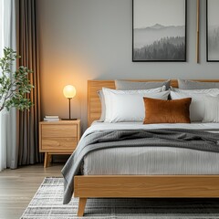 The bedside table has a lamp and a book on it, as well as the bedside table