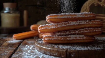 Traditional Spanish Churros on the Wooden Table with Powdered Sugar