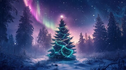 Christmas Tree Decoration with Warm Lights Snowy Background in Forest