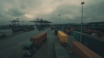 Obraz premium Trucks waiting at cargo port with shipping containers