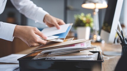 A person is sorting through a stack of mail in an office setting, demonstrating the process of organizing and managing incoming correspondence.