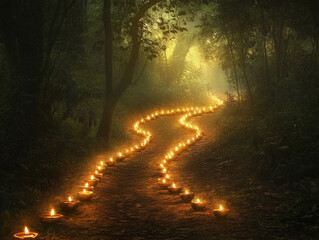 A peaceful forest path lit by rows of glowing oil lamps, casting soft light on the surrounding trees during Diwali